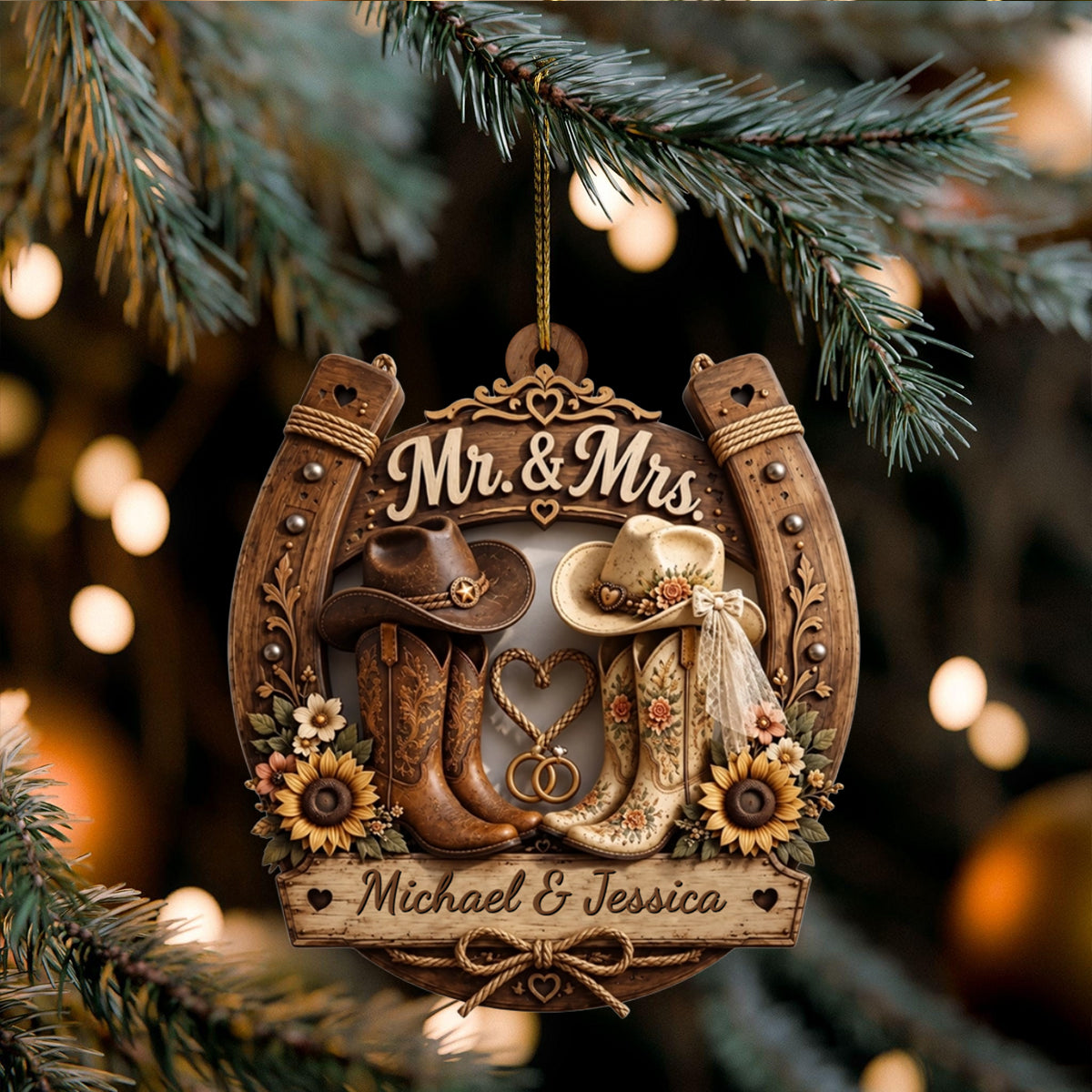 Personalized Rustic Horseshoe & Cowboy Boots Wedding Wooden Ornament
