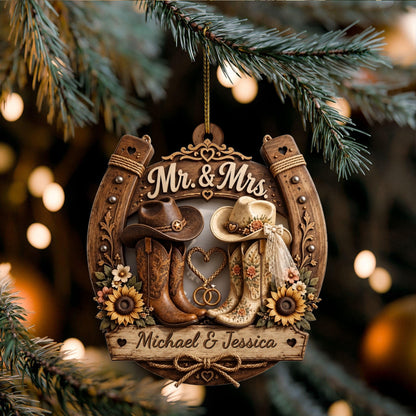 Personalized Rustic Horseshoe & Cowboy Boots Wedding Wooden Ornament