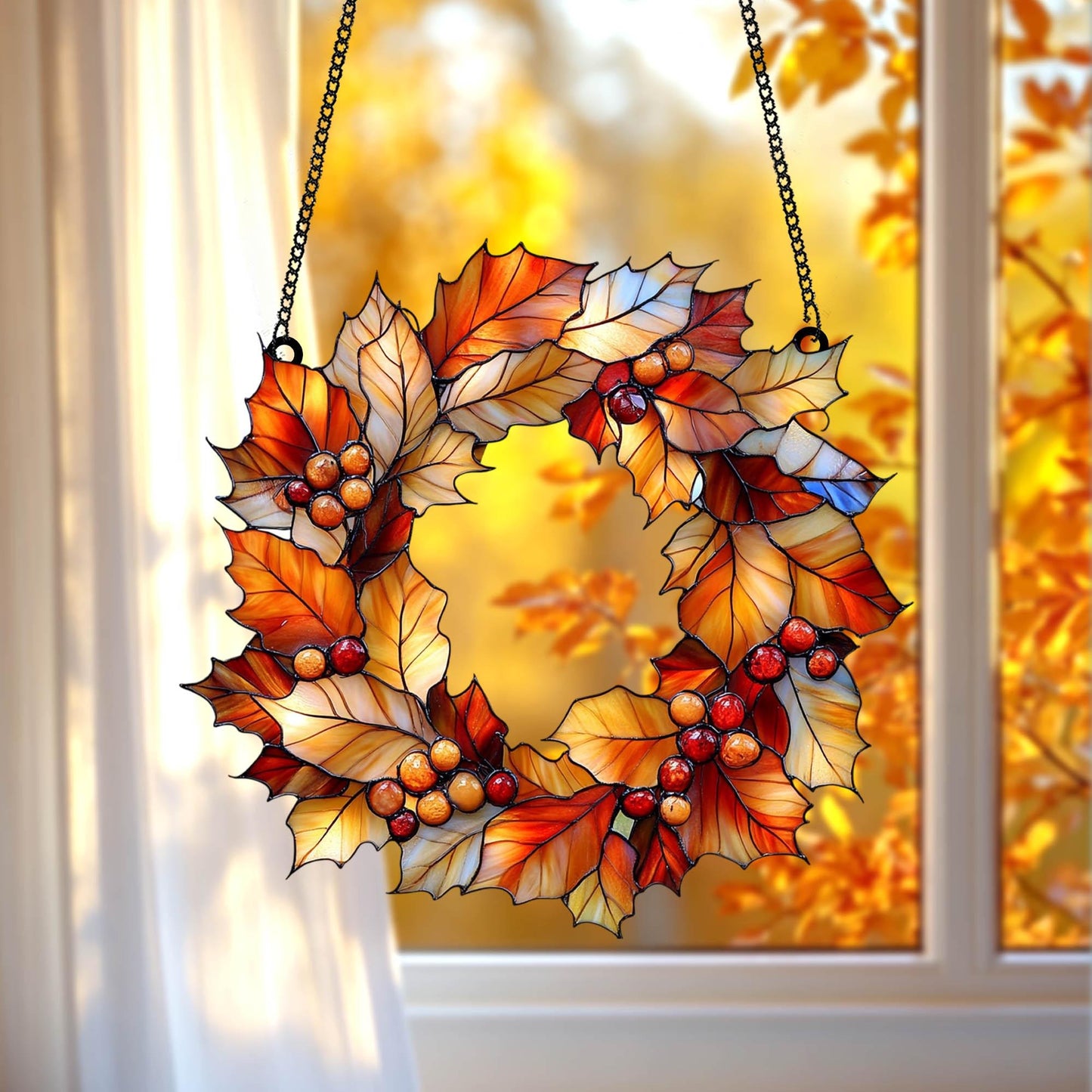 Fall Leaves Wreath Acrylic Window Hanging, Acrylic Window Hanging