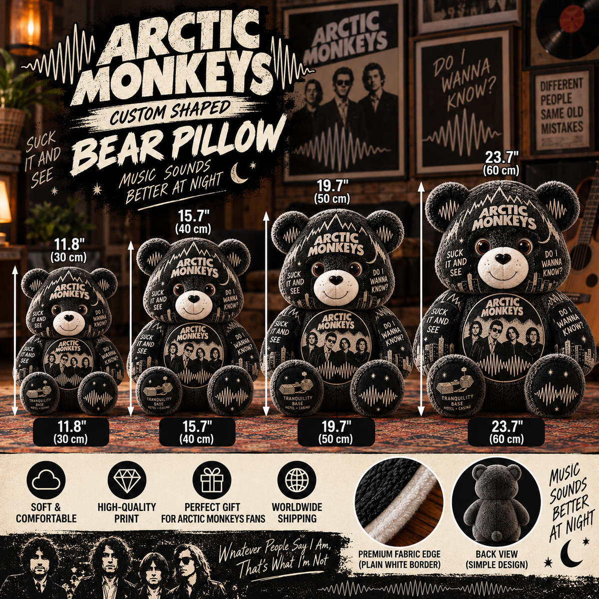 Arctic Monkeys Custom Shaped Bear Pillow – Indie Rock Music Inspired Gift for Arctic Monkeys Fans