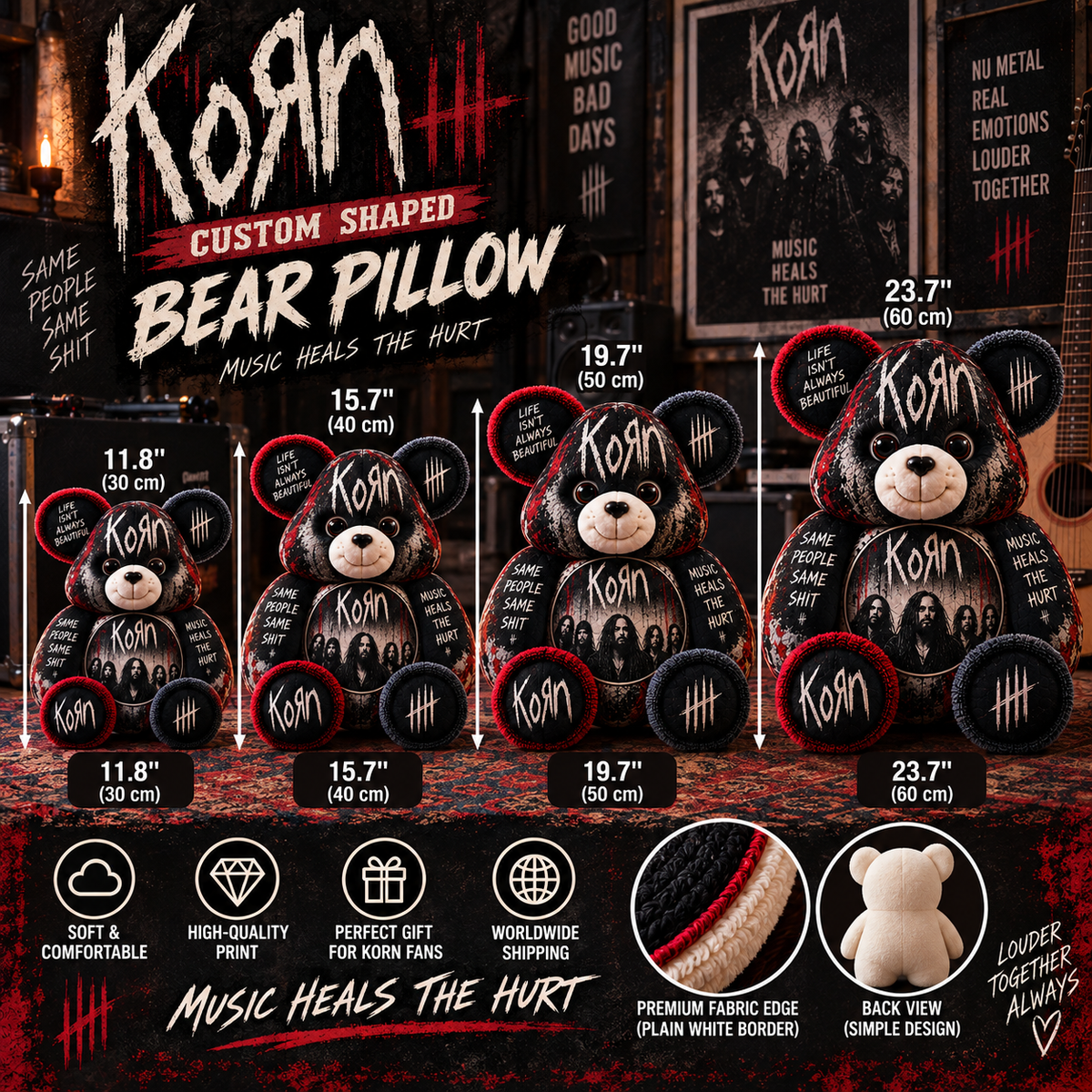 Korn Custom Shaped Bear Pillow – Nu Metal Music Inspired Gift for Fans