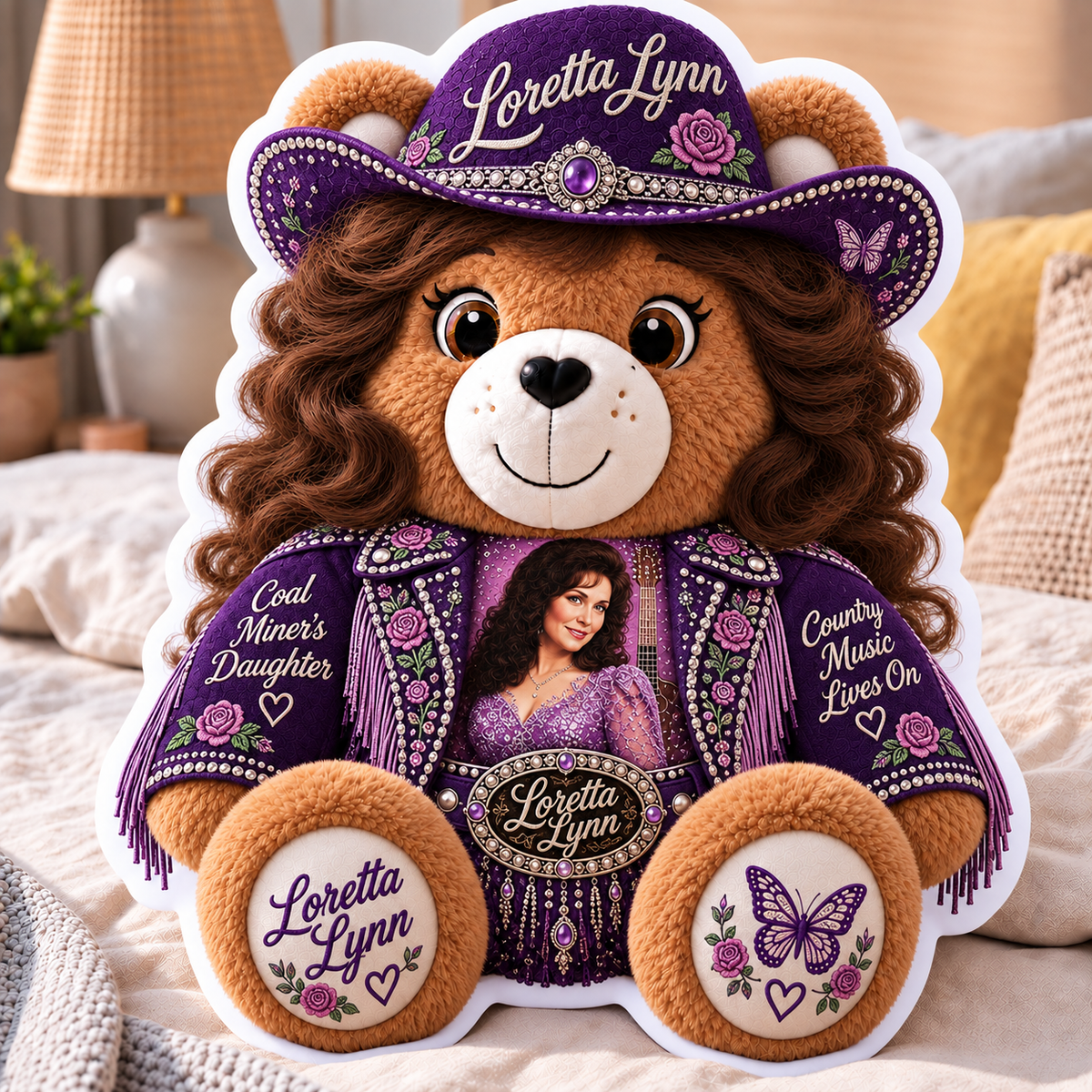 Loretta Lynn Custom Shaped Bear Pillow – Coal Miner’s Daughter Country Music Inspired Gift for Loretta Lynn Fans