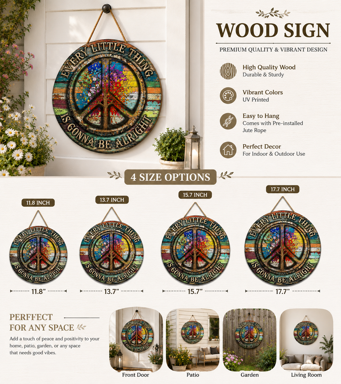 Hippie Peace Every Little Thing Is Gonna Be Alright - Beautiful Round Wood Sign