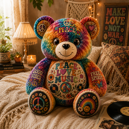 Peace Love Music Bear Custom Shaped Pillow – Hippie Good Vibes & Free Spirit Gift