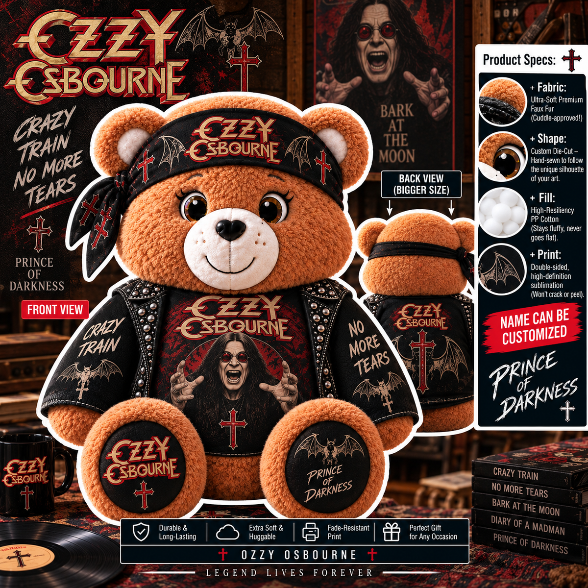 Ozzy Osbourne Custom Shaped Bear Pillow – Crazy Train Prince of Darkness Rock Music Inspired Gift for Ozzy Fans