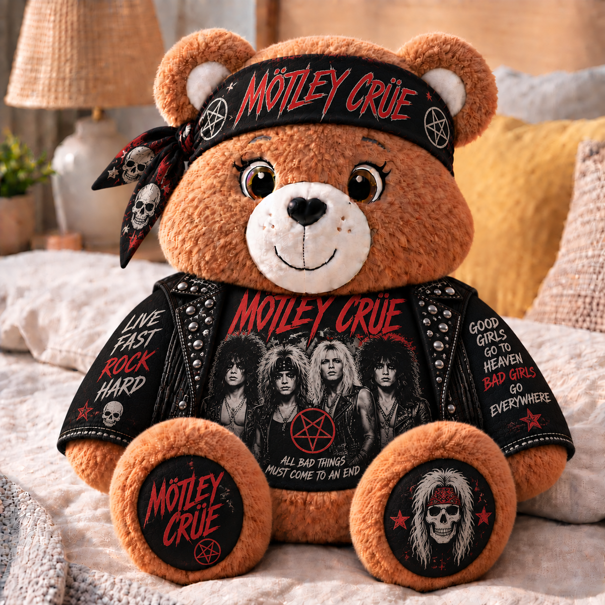 Mötley Crüe Custom Shaped Bear Pillow – Live Fast Rock Hard Hair Metal Rock Music Inspired Gift for Mötley Crüe Fans