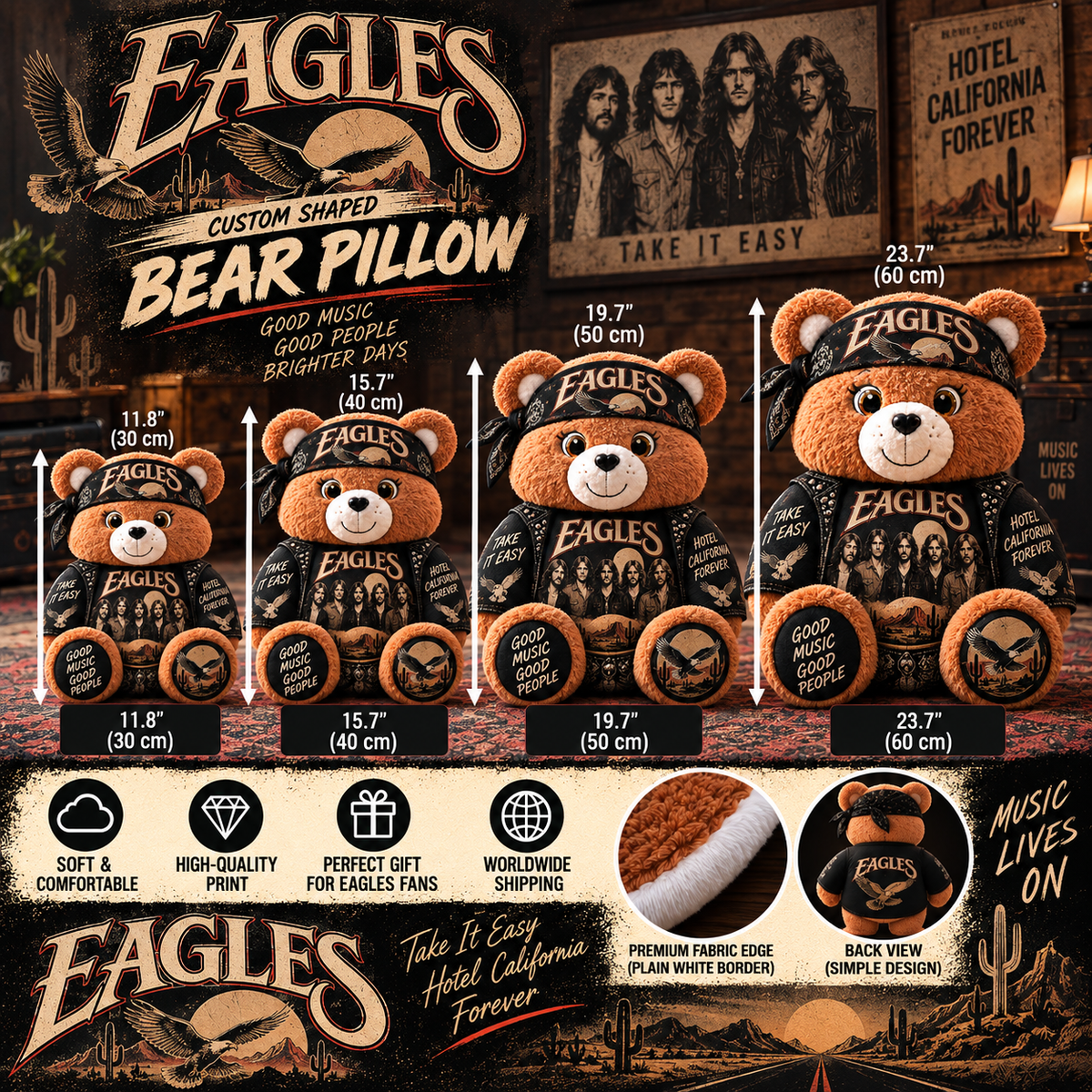 Eagles Custom Shaped Bear Pillow – Hotel California Take It Easy Classic Rock Music Inspired Gift for Eagles Fans