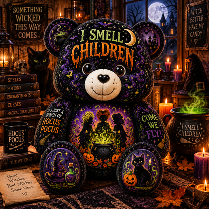 I Smell Children Witch Bear Custom Shaped Pillow – Hocus Pocus Halloween Spooky Gift