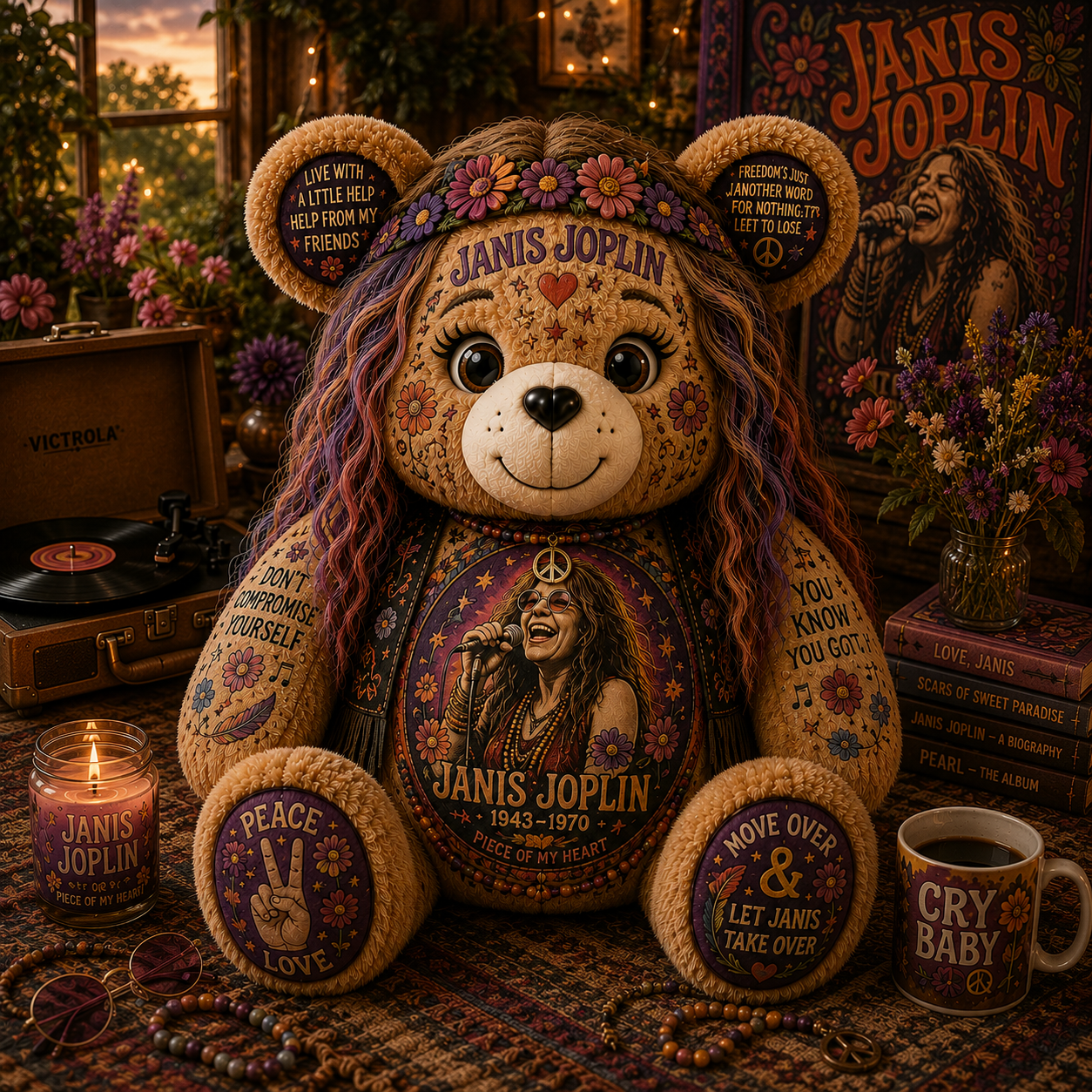 Janis Joplin Bear Custom Shaped Pillow – Gift for Classic Music Lover