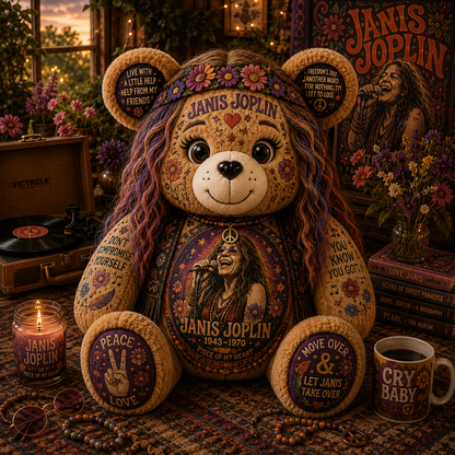 Janis Joplin Bear Custom Shaped Pillow – Gift for Classic Music Lover