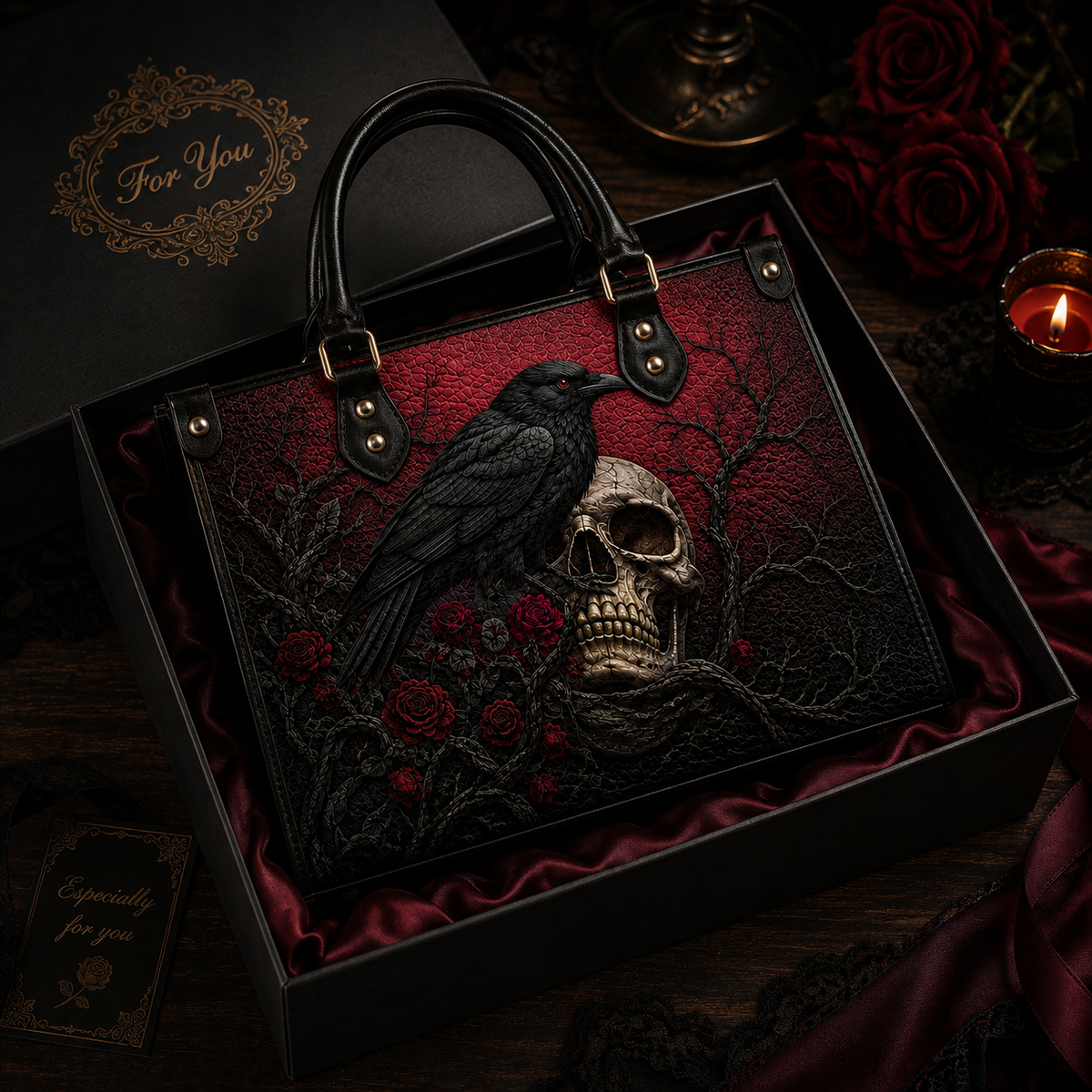 The Raven Gothic Leather Handbag – Dark Literary Skull & Rose Bag