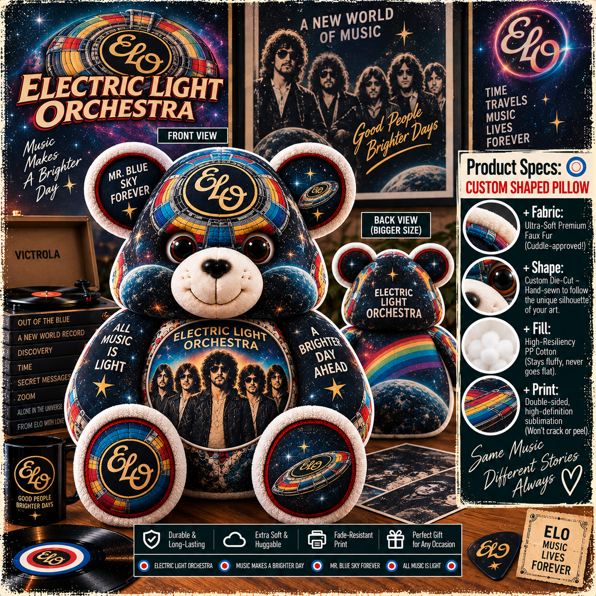 Electric Light Orchestra (ELO) Custom Shaped Bear Pillow – Classic Rock Music Inspired Gift for Fans