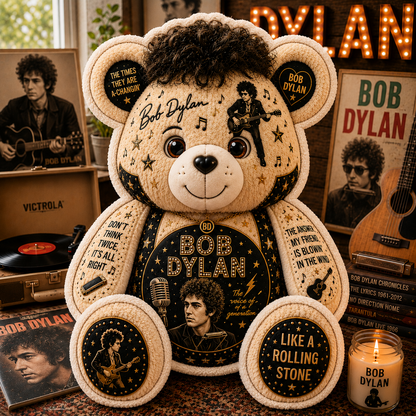 Bob Dylan Bear Custom Shaped Pillow – Like a Rolling Stone Music Fan Gift, Classic Folk Rock Legend Decor