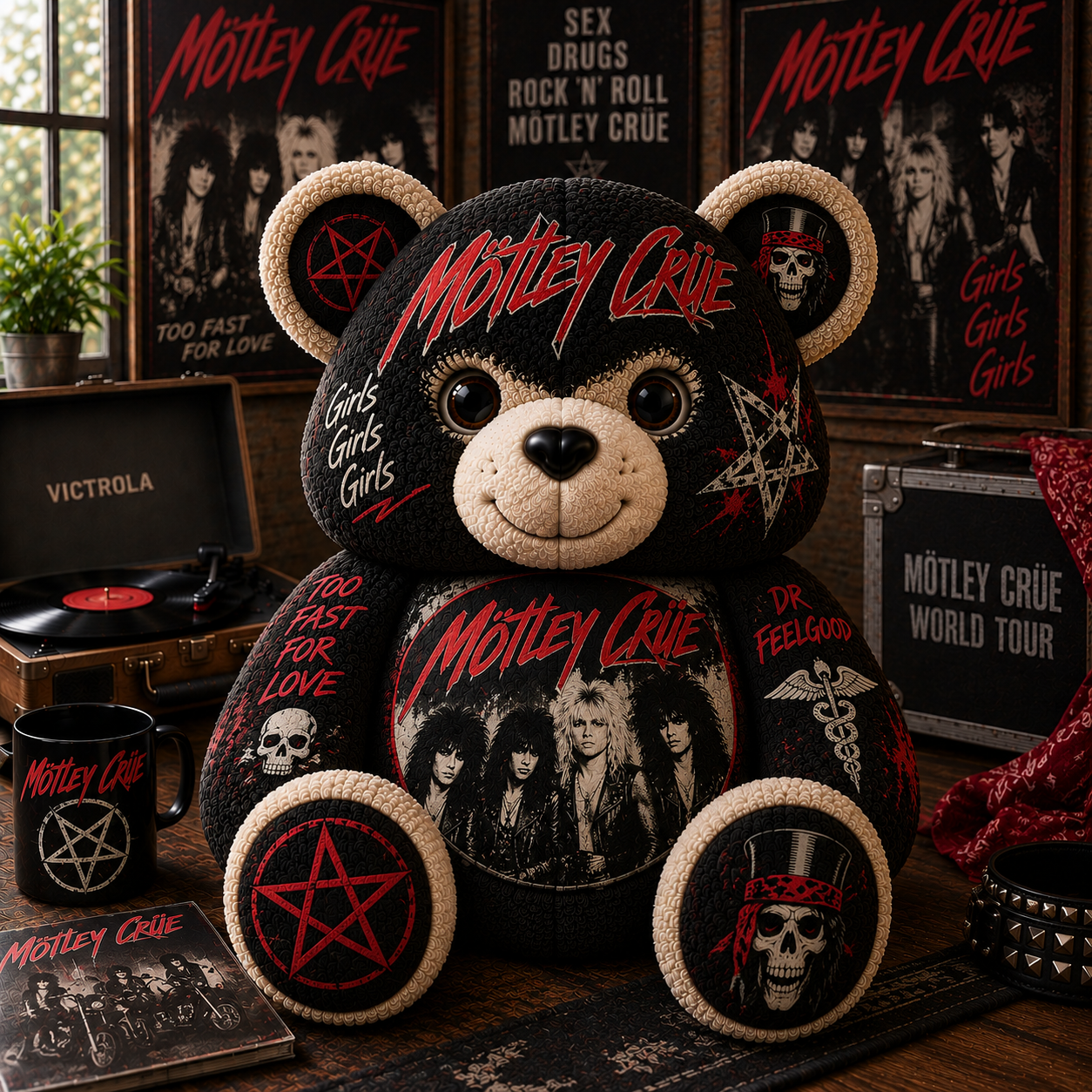 Mötley Crüe Bear Custom Shaped Pillow – Glam Metal Rock Music Fan Gift