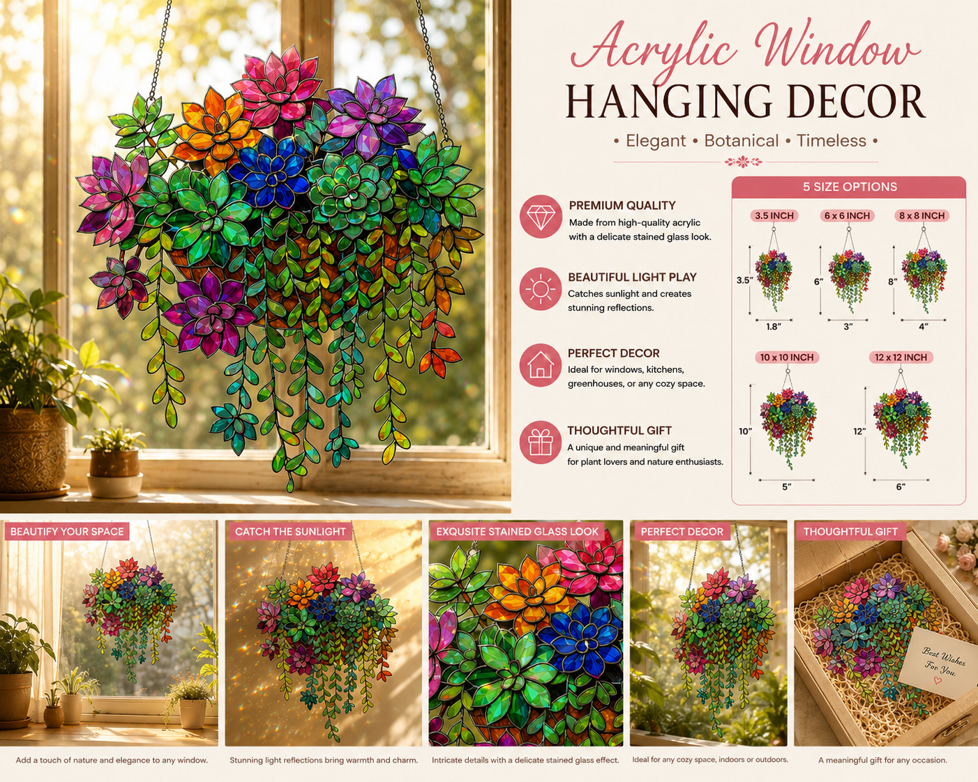 Succulent  Colorful Window Hanging Suncatcher Acrylic