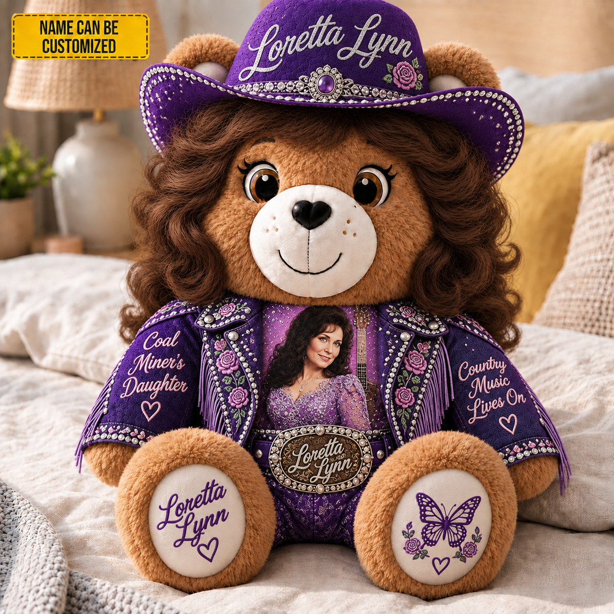 Loretta Lynn Custom Shaped Bear Pillow – Coal Miner’s Daughter Country Music Inspired Gift for Loretta Lynn Fans