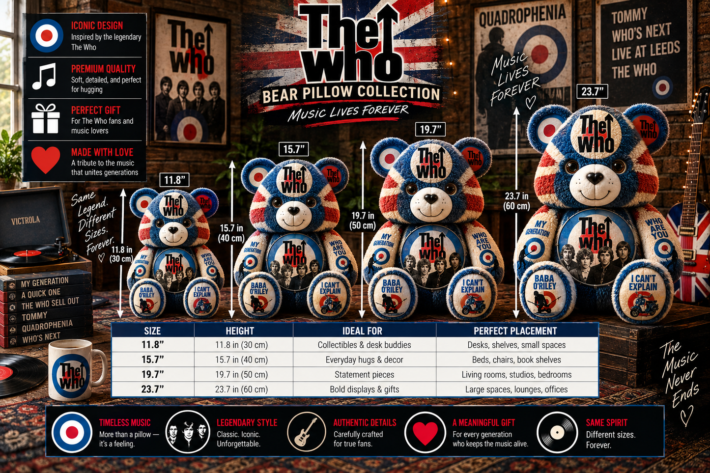 The Who Bear Custom Shaped Pillow –  Classic Rock Music Fan Gift