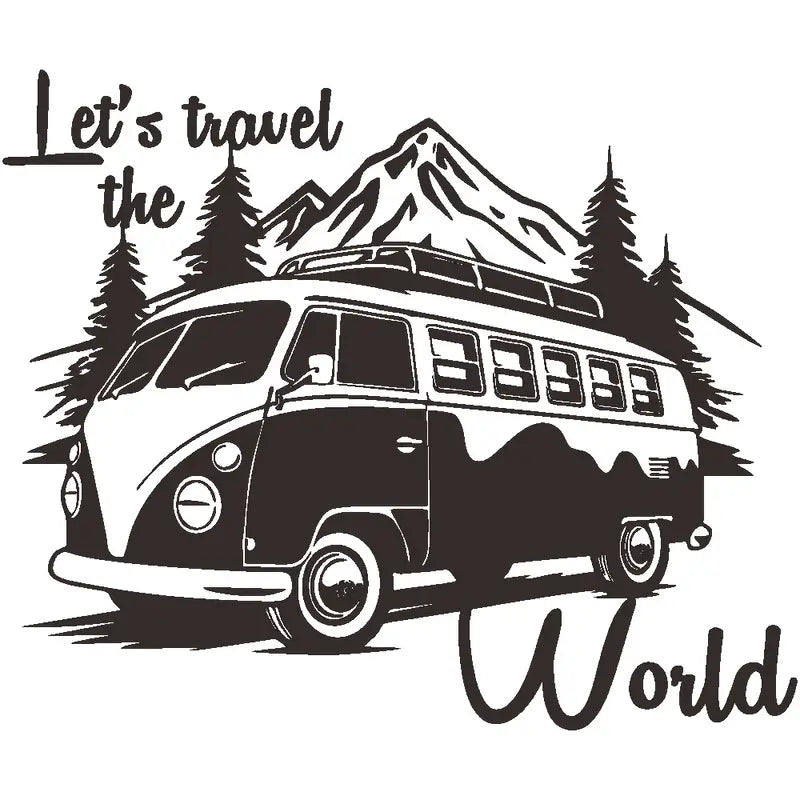 Let's Travel the World Camper Sticker Black