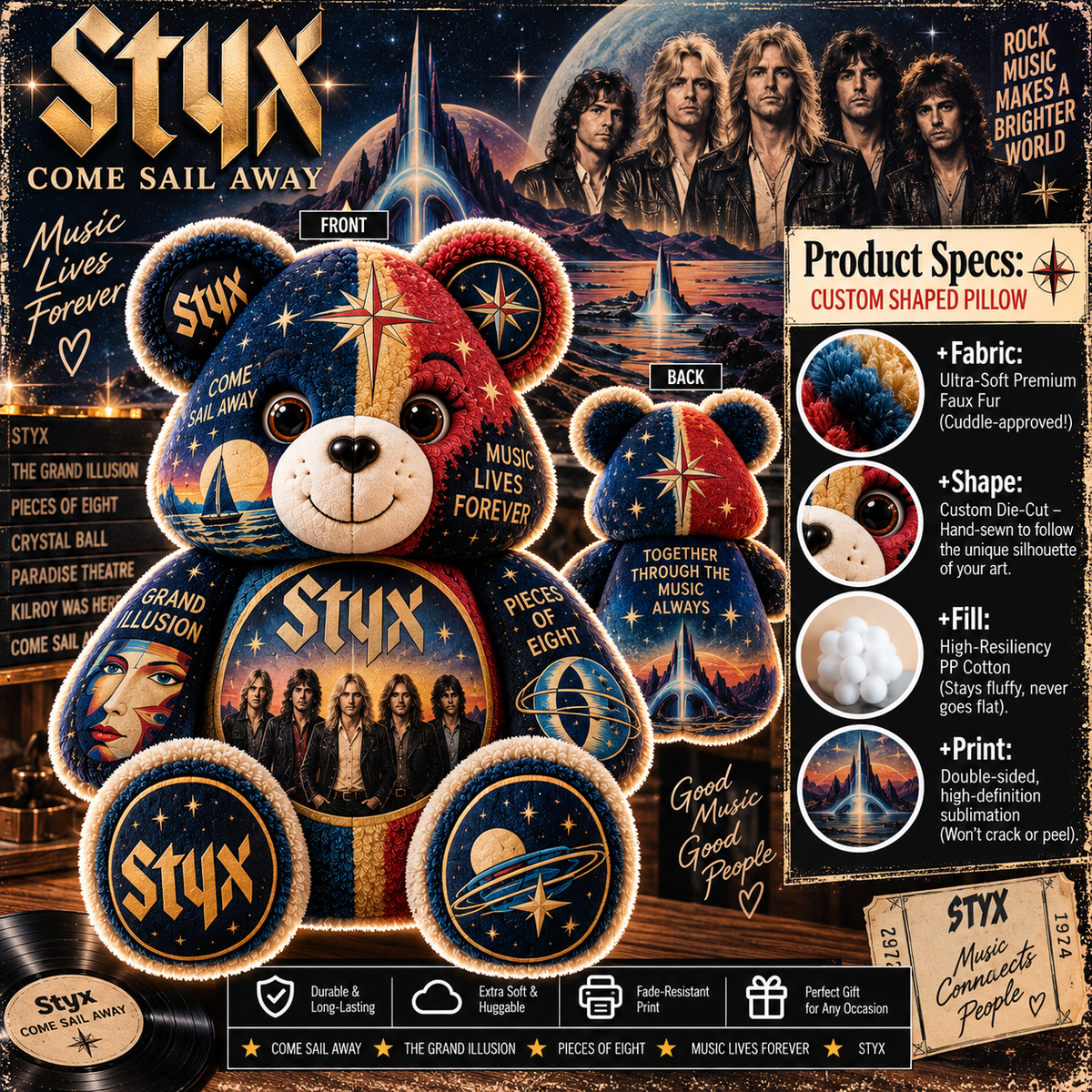 Styx Bear Custom Shaped Pillow – Classic Rock Fan Gift