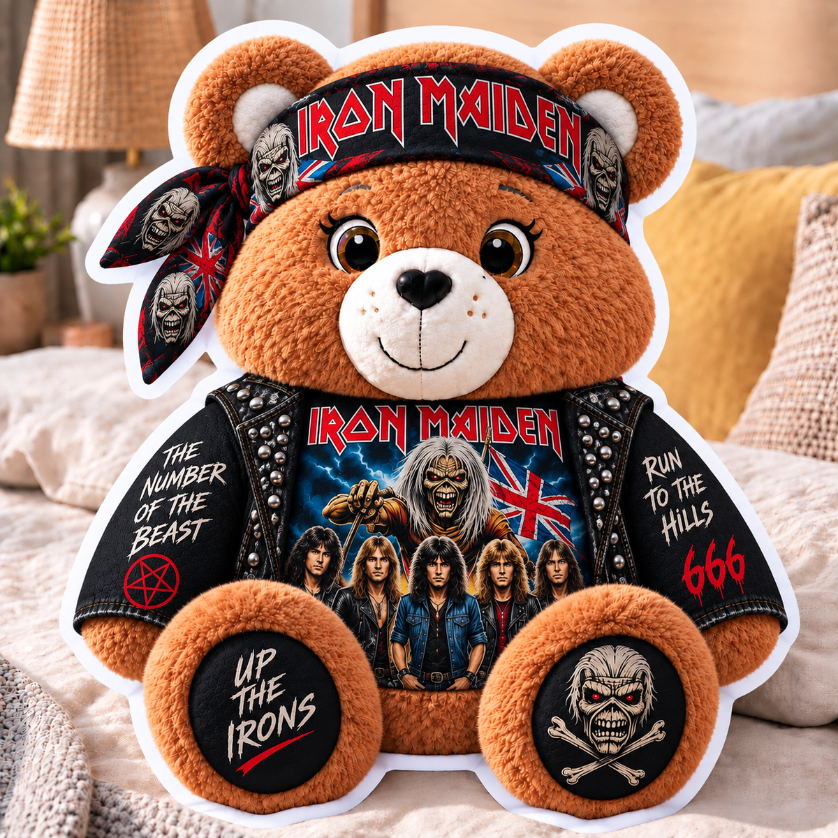 Iron Maiden Custom Shaped Bear Pillow – The Number of the Beast Run to the Hills Heavy Metal Music Inspired Gift for Iron Maiden Fans