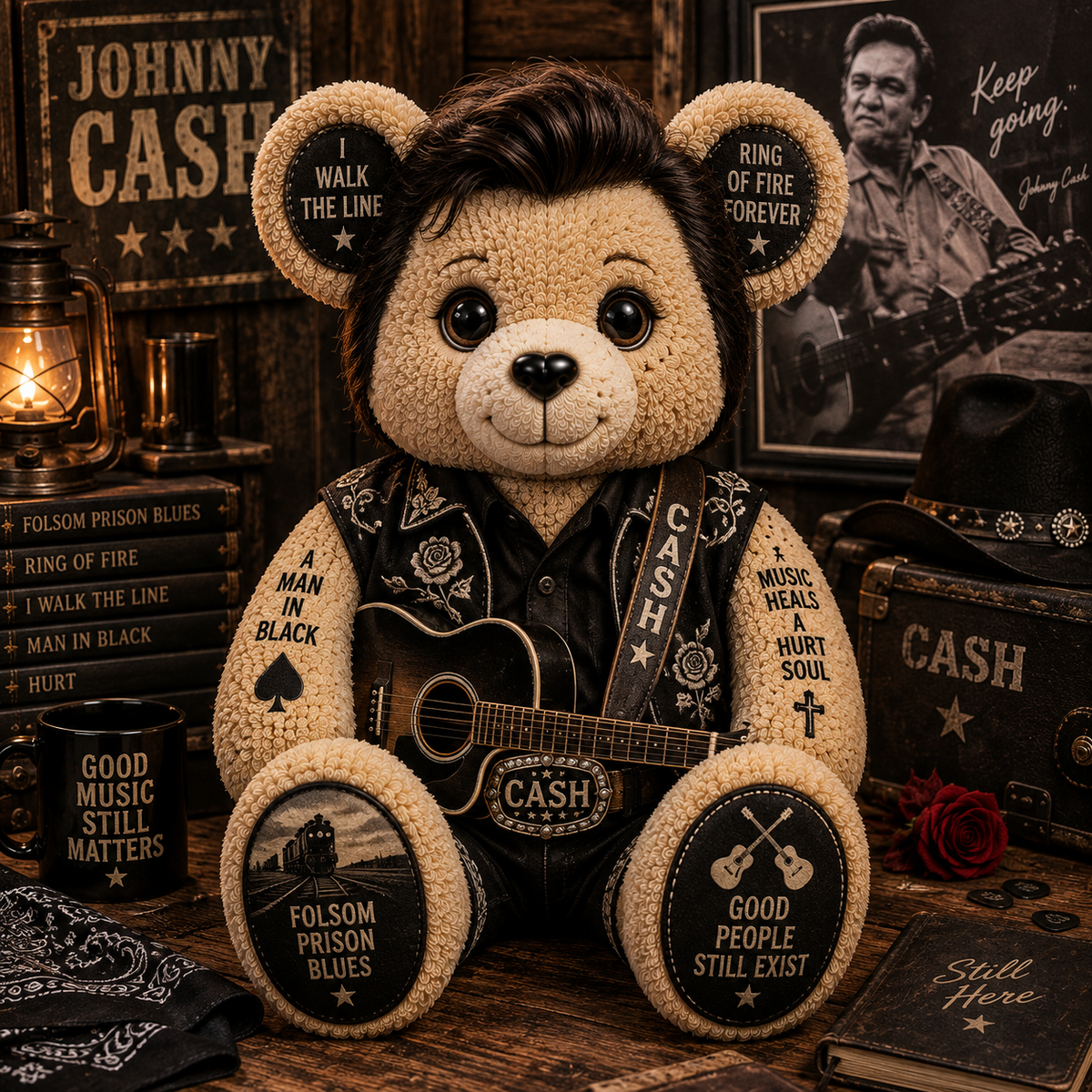 Johnny Cash Bear Custom Shaped Pillow – King of Country, Pure Country Music Fan Gift