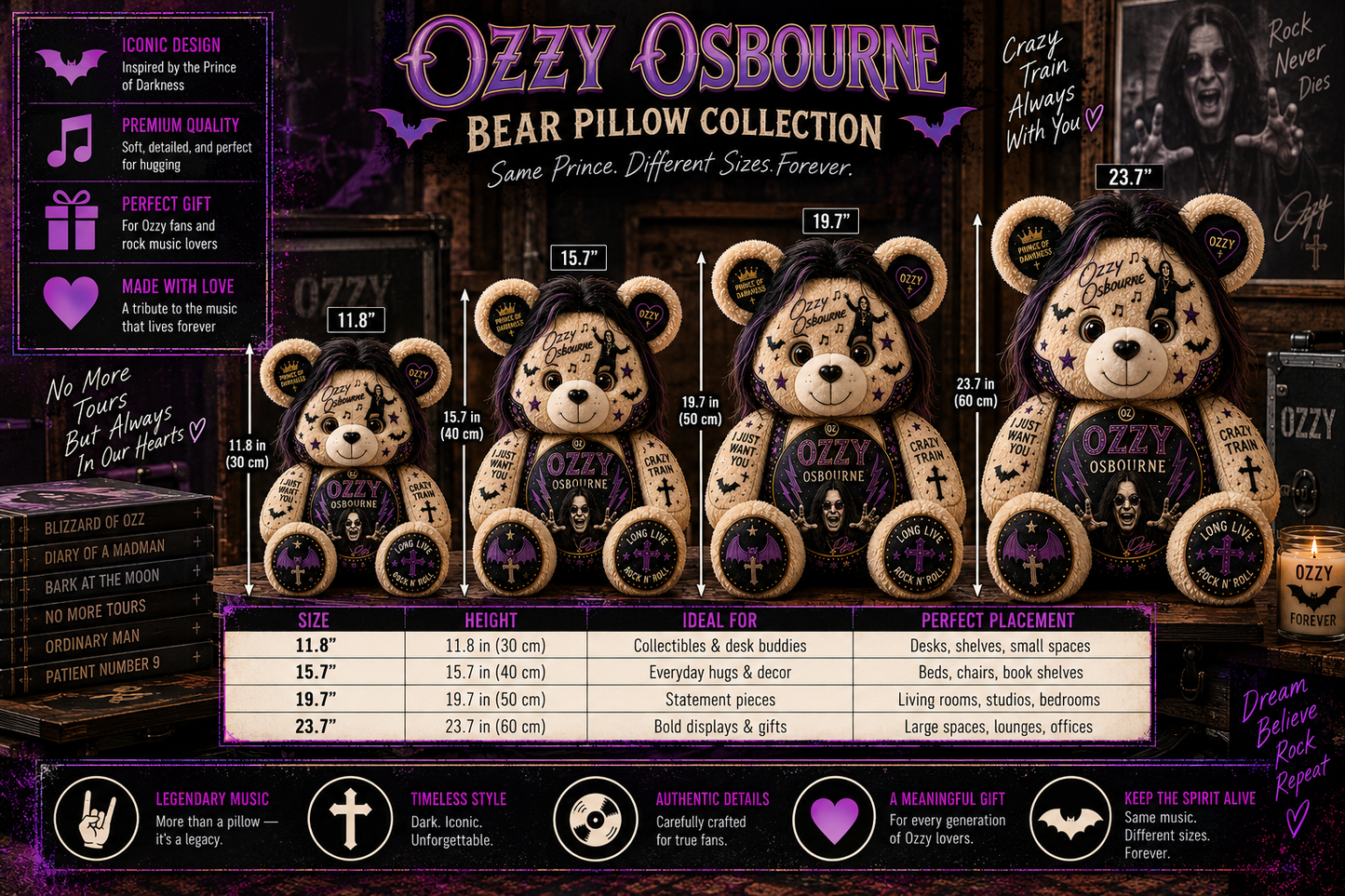 Ozzy Osbourne Bear Custom Shaped Pillow – Prince of Darkness Rock Music Fan Gift