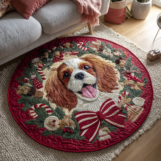 Wreath Christmas Dog Jolly King Quilted Round Mat