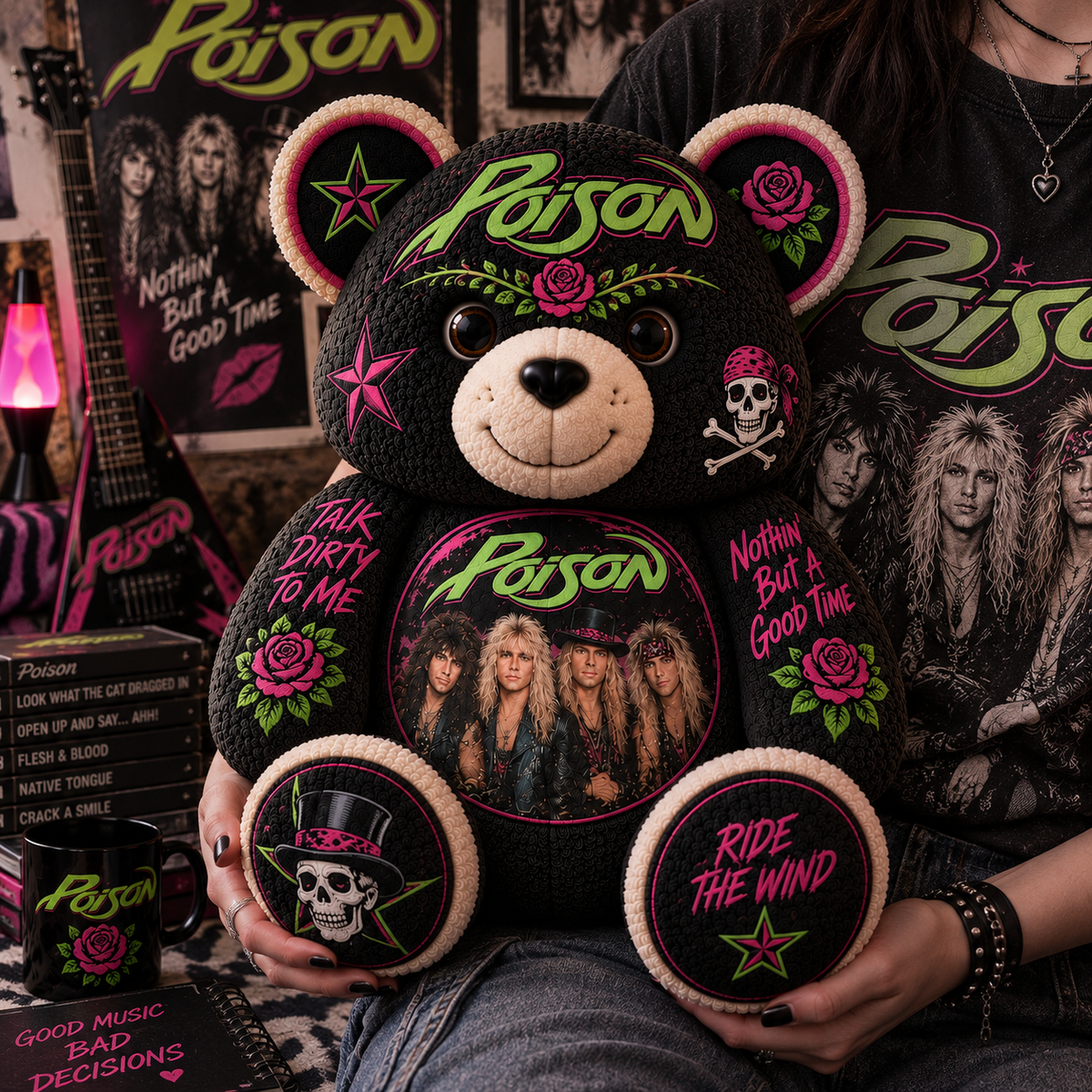 Poison Bear Custom Shaped Pillow – Nothin’ But a Good Time Music Fan Gift, Glam Rock Collectible
