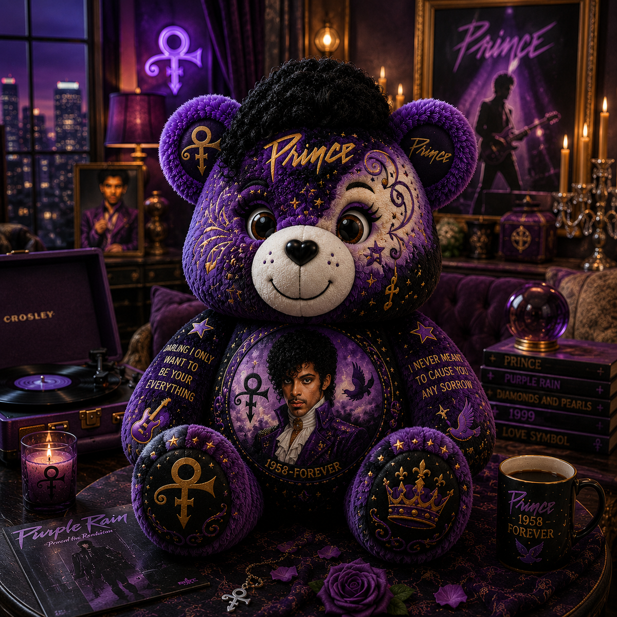 Prince Bear Custom Shaped Pillow – Gift for Prince Fans & Purple Rain Music Lovers