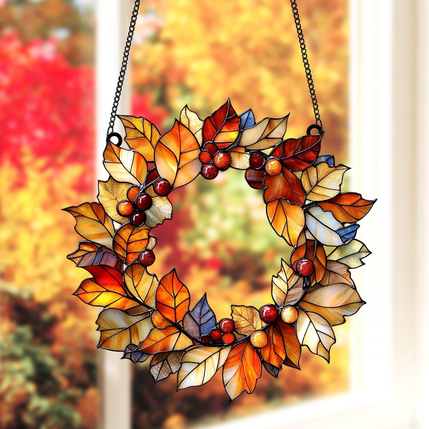 Fall Leaves Wreath Acrylic Window Hanging, Acrylic Window Hanging