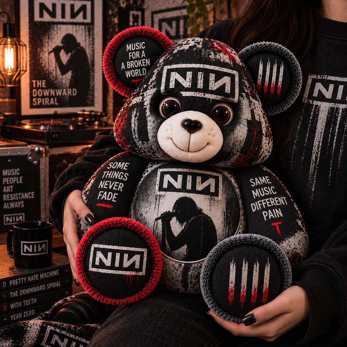Nine Inch Nails Custom Shaped Bear Pillow – Industrial Rock Music Inspired Gift for Fans