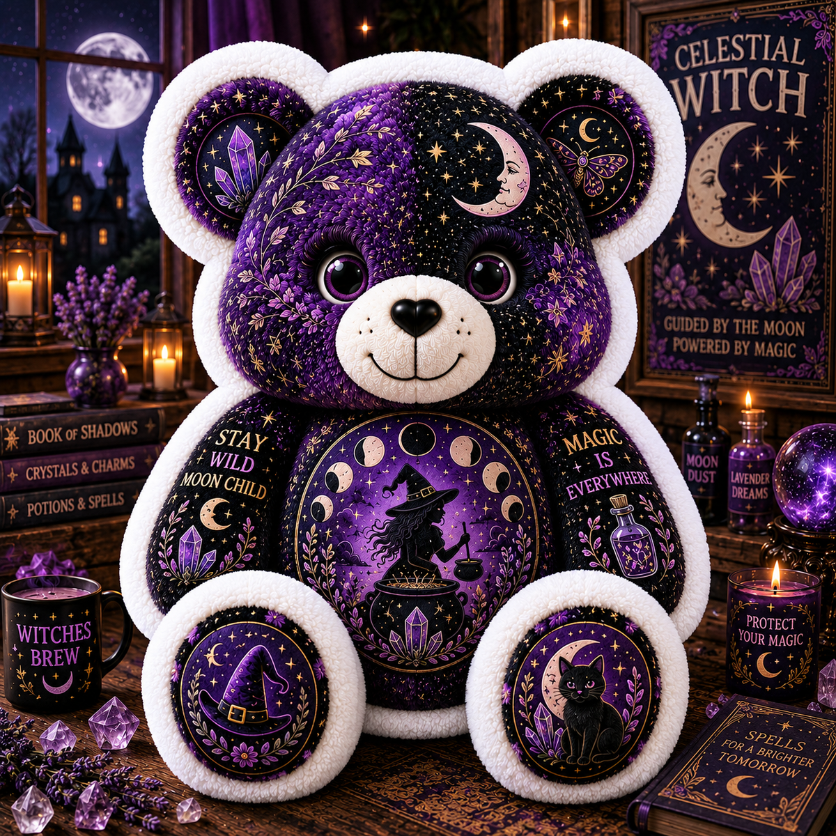 Celestial Witch Bear Custom Shaped Pillow – Moon Magic, Crystal & Black Cat Witchy Gift