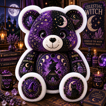 Celestial Witch Bear Custom Shaped Pillow – Moon Magic, Crystal & Black Cat Witchy Gift