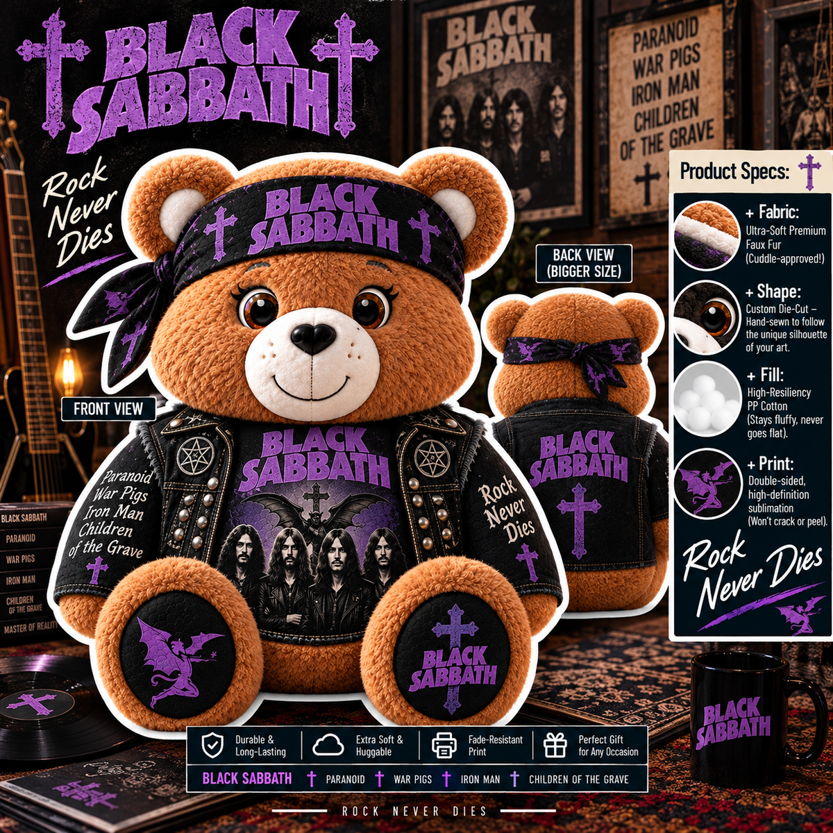 Black Sabbath Custom Shaped Bear Pillow – Heavy Metal Inspired Gift for Black Sabbath Fans