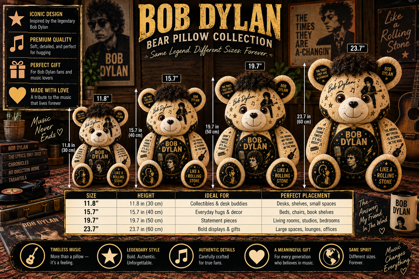 Bob Dylan Bear Custom Shaped Pillow – Like a Rolling Stone Music Fan Gift, Classic Folk Rock Legend Decor