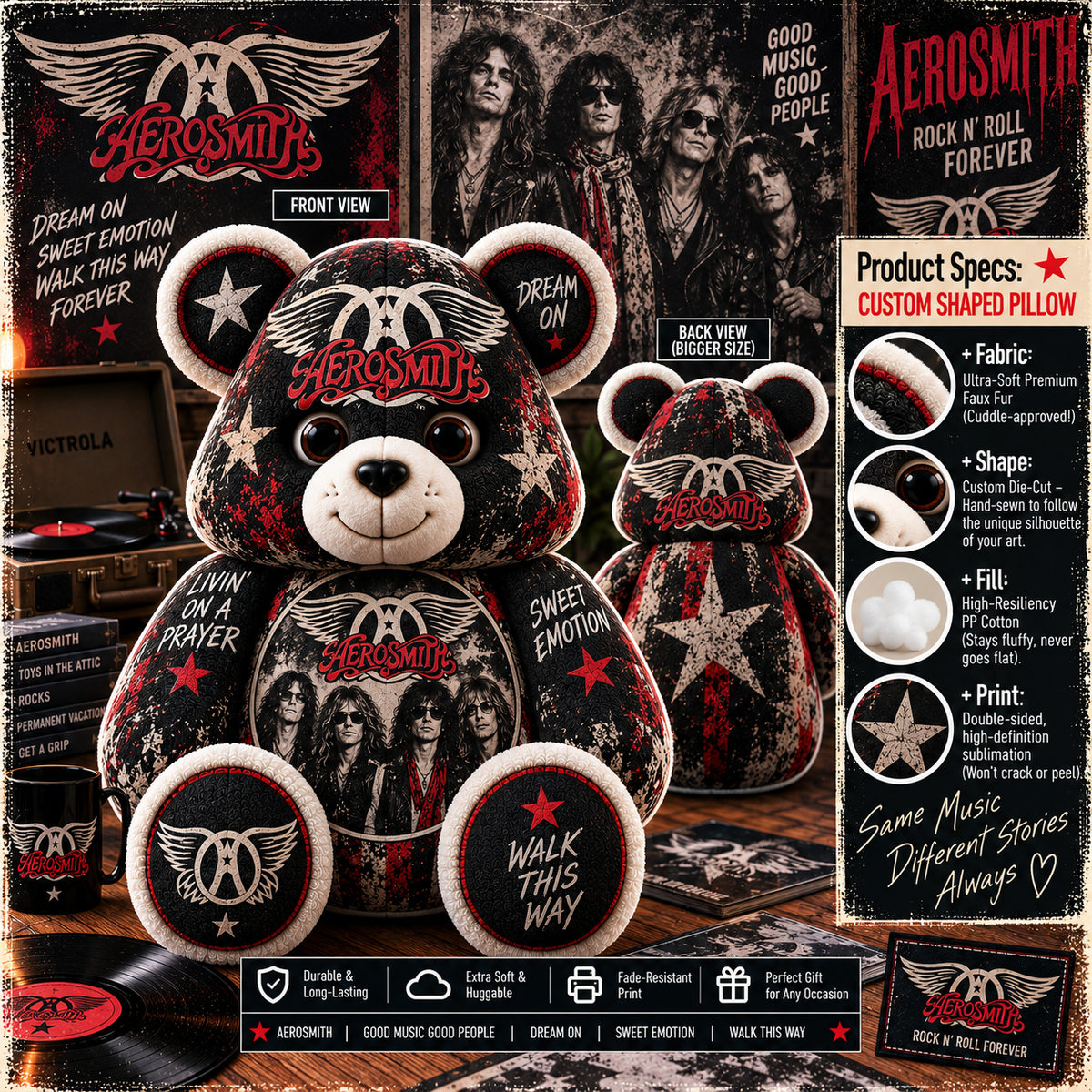 Aerosmith Custom Shaped Bear Pillow – Classic Rock Music Inspired Gift for Fans