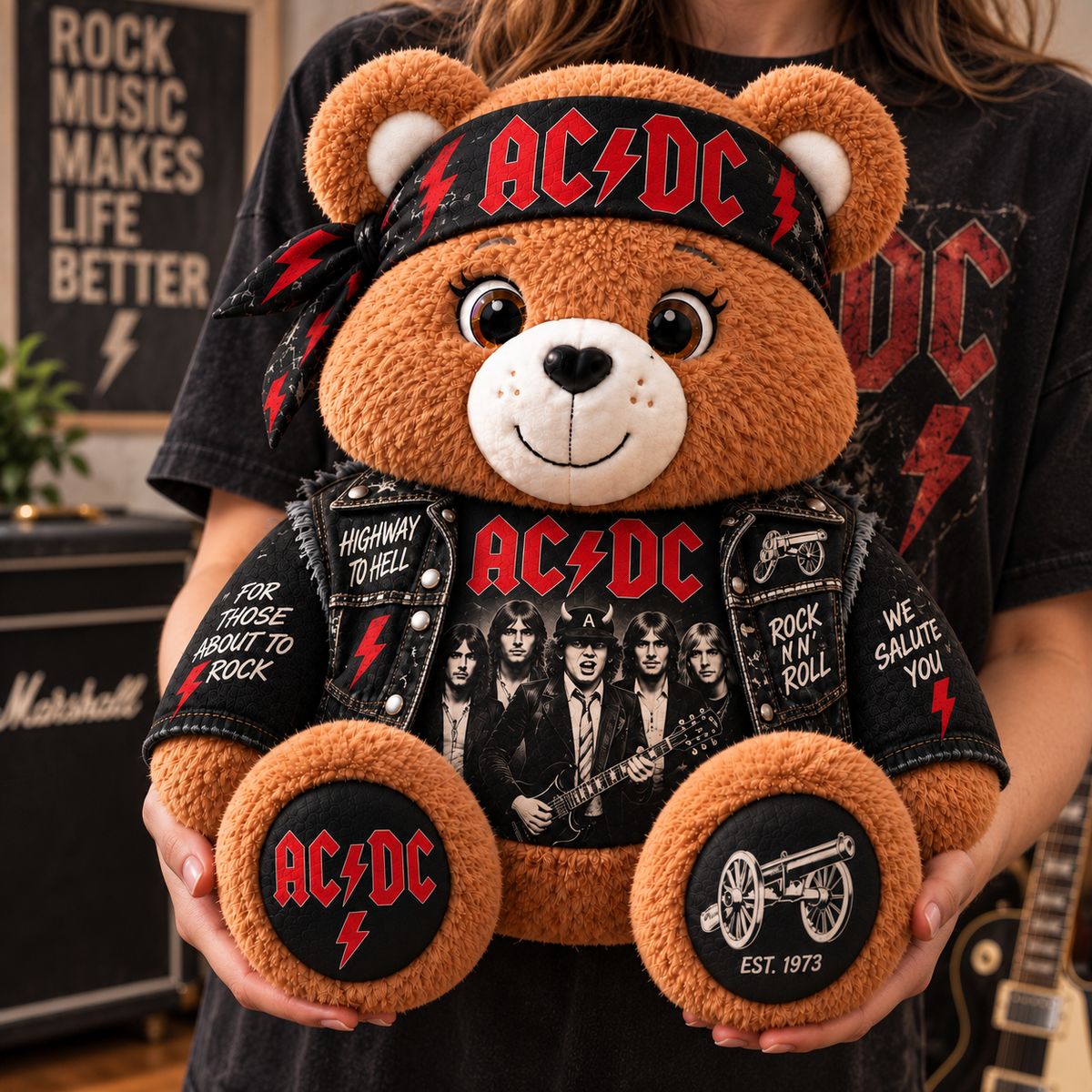 AC/DC Custom Shaped Bear Pillow – Classic Rock Inspired Gift for AC/DC Fans