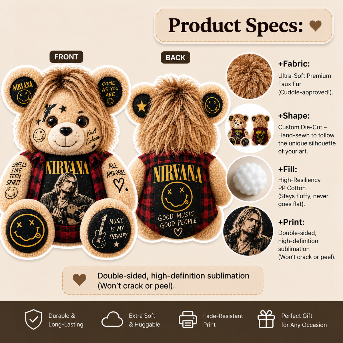 Nirvana Kurt Cobain Bear Custom Shaped Pillow – Smells Like Teen Spirit Grunge Music Fan Gift, 90s Rock Collectible