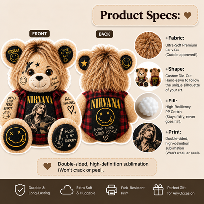 Nirvana Kurt Cobain Bear Custom Shaped Pillow – Smells Like Teen Spirit Grunge Music Fan Gift, 90s Rock Collectible