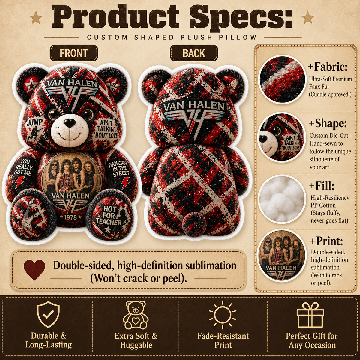 Van Halen Bear Custom Shaped Pillow – Classic Rock Band , Rock Music Fan Gift