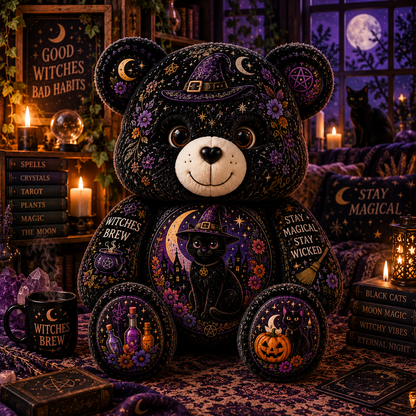 Black Cat Witch Bear Custom Shaped Pillow – Stay Magical, Stay Wicked Halloween Witchy Gift