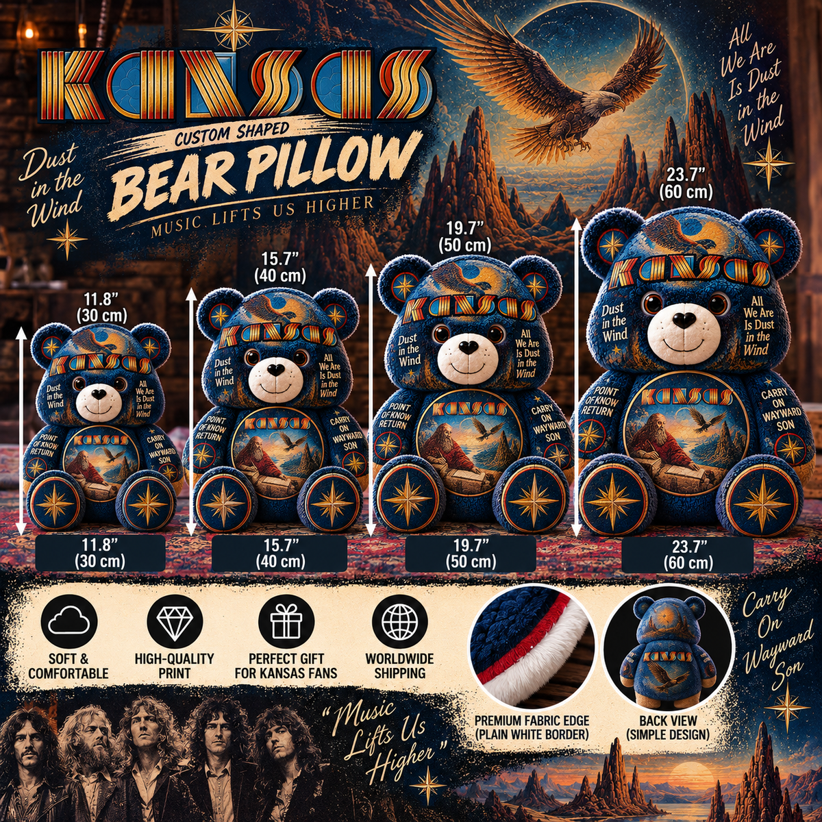 Kansas Custom Shaped Bear Pillow – Carry On Wayward Son Classic Rock Inspired Gift for Kansas Fans
