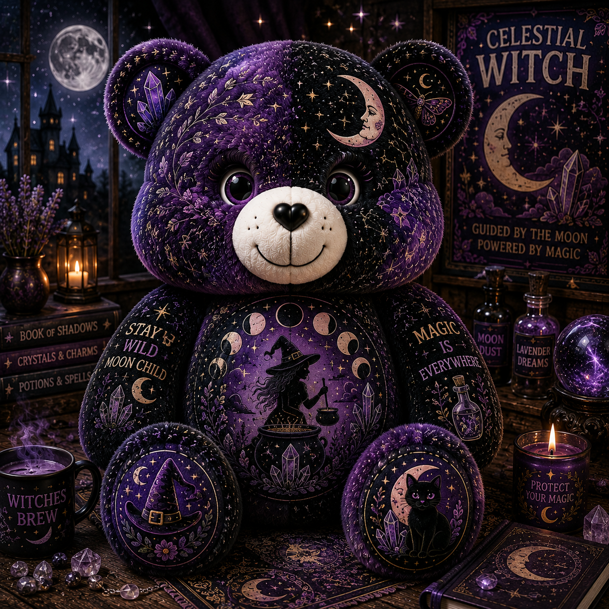 Celestial Witch Bear Custom Shaped Pillow – Moon Magic, Crystal & Black Cat Witchy Gift