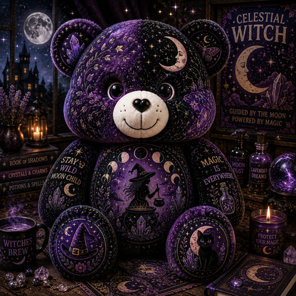 Celestial Witch Bear Custom Shaped Pillow – Moon Magic, Crystal & Black Cat Witchy Gift