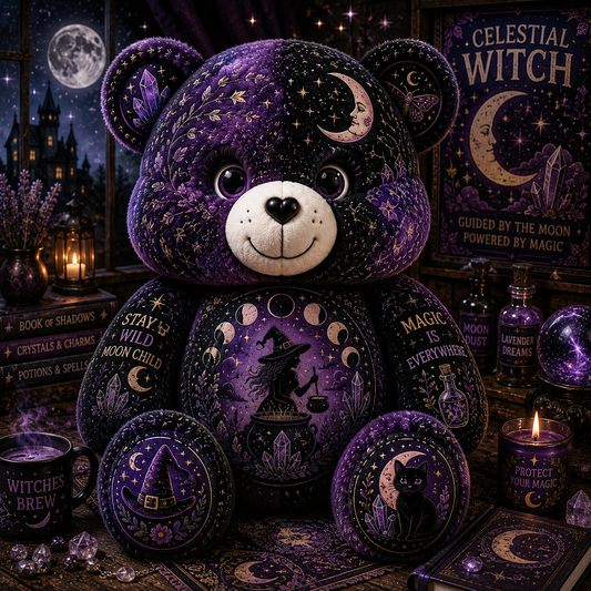 Celestial Witch Bear Custom Shaped Pillow – Moon Magic, Crystal & Black Cat Witchy Gift