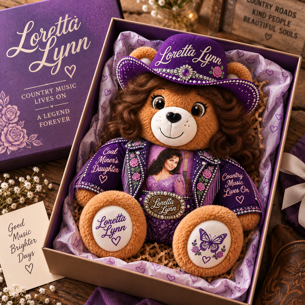 Loretta Lynn Custom Shaped Bear Pillow – Coal Miner’s Daughter Country Music Inspired Gift for Loretta Lynn Fans