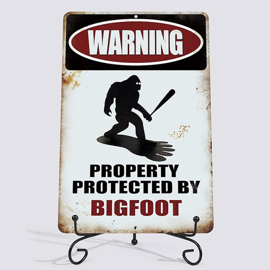 Funny Sasquatch Gift Metal Sign Warning Property Protected by Bigfoot - Funny Metal Decor Sign