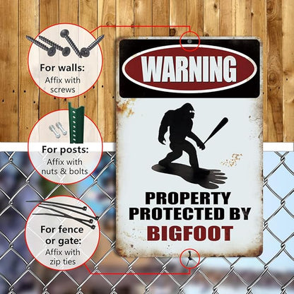 Funny Sasquatch Gift Metal Sign Warning Property Protected by Bigfoot - Funny Metal Decor Sign