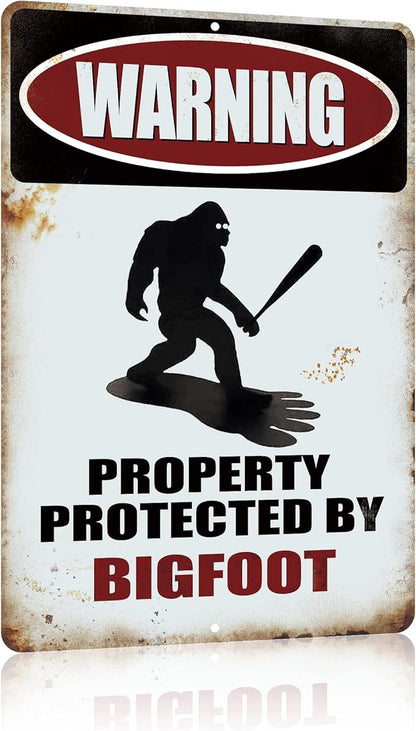 Funny Sasquatch Gift Metal Sign Warning Property Protected by Bigfoot - Funny Metal Decor Sign