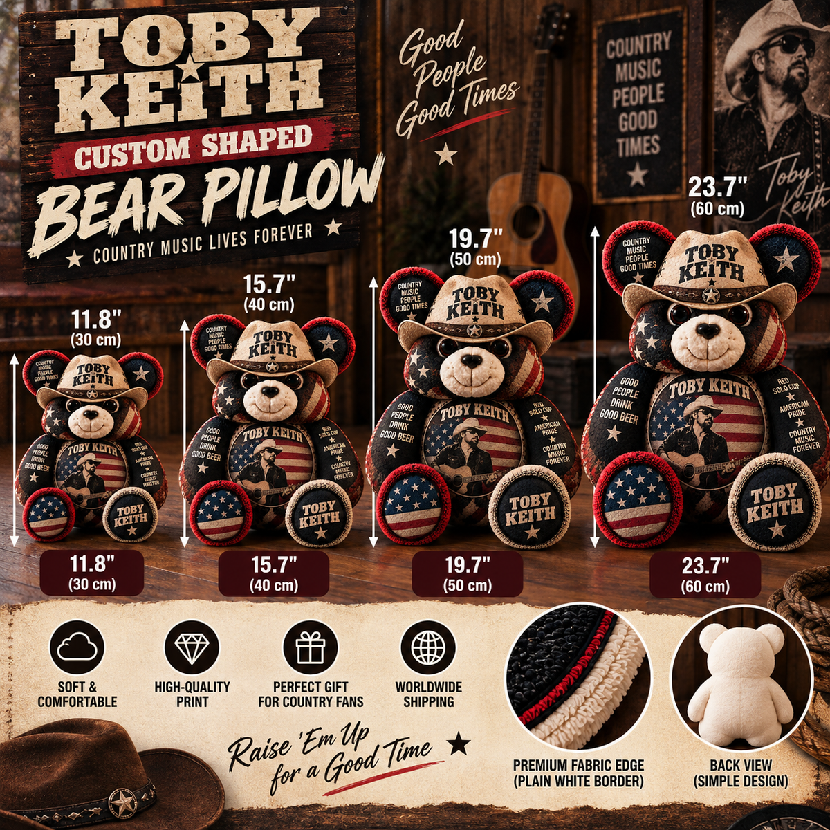 Toby Keith Custom Shaped Bear Pillow – Country Music Inspired Gift for Fans